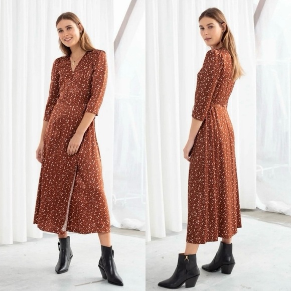 & Other Stories Tan Brown Dotted Casual Modest
Feminine Satin Midi Wrap Dress - Picture 1 of 7